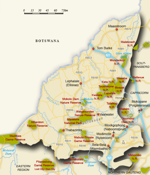 Clickable map of accommodation in Waterberg