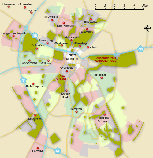 Clickable map of accommodation in Bloemfontein