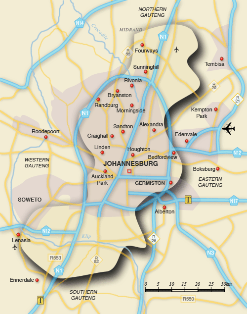 Clickable map of accommodation in Central Gauteng