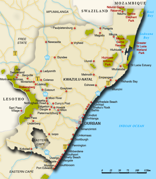 Clickable map of accommodation in KwaZulu-Natal