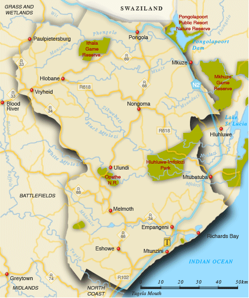 Clickable map of accommodation in Zululand