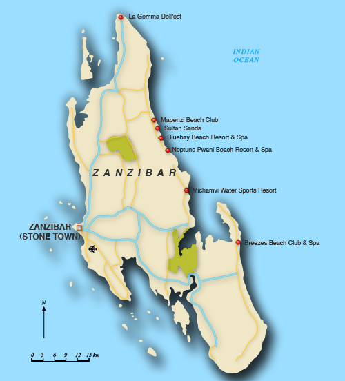 Clickable map of accommodation in Zanzibar